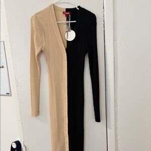 STAUD Shoko Colorblock Ribbed Sweater Dress – Black/Flax – NWT – Size L